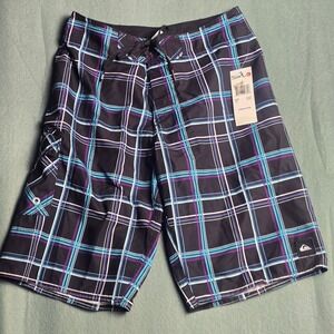 Quiksilver Boys Plaid Board Shorts Black Teal Purple Swim Trunks Size 10 NEW